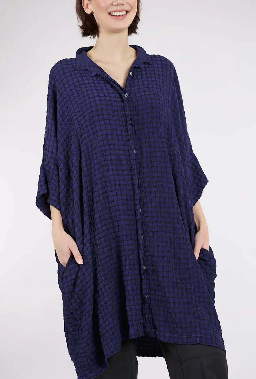 Crinkle Plaid Kimono Shirt Dress, Admirality